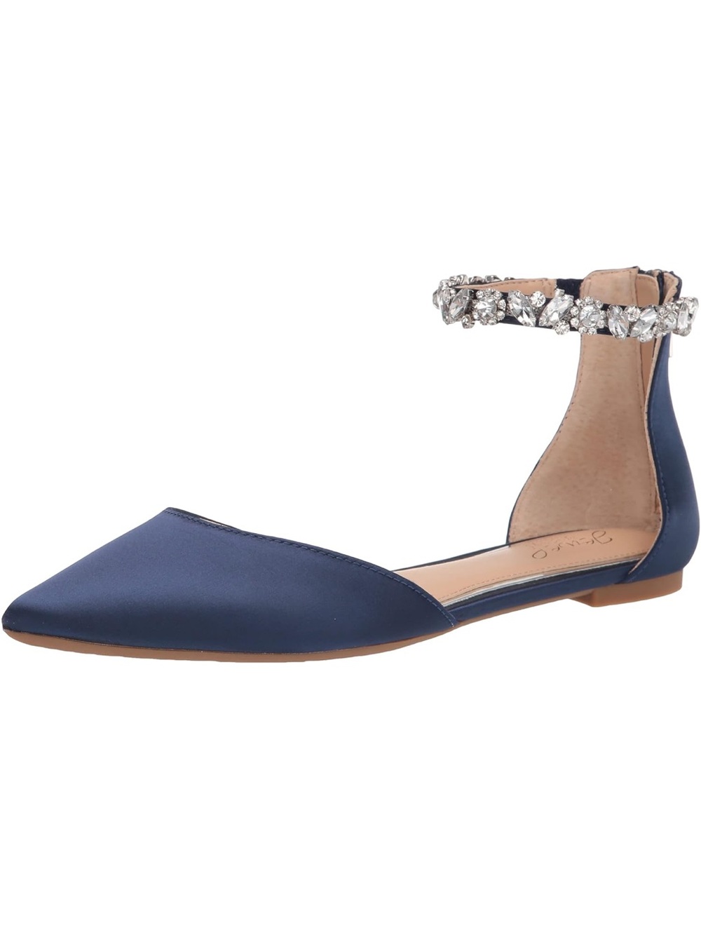Badgley Mischka Embellished Navy Satin Pointed Toe Ankle Strap Flat